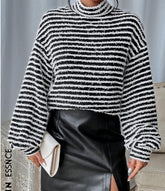 Striped Pattern Mock Neck Drop Shoulder Tee